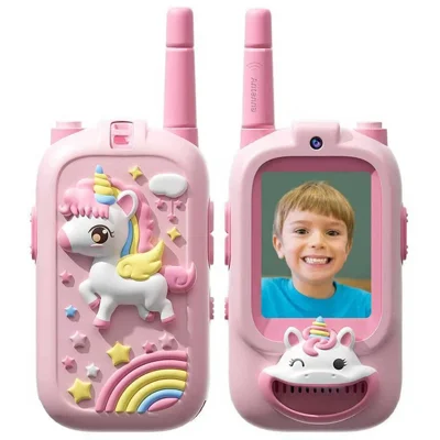 JK200 1 Paire 2,0 pouces Talkies-Walkies Vidéo Enfants avec Étui en Silicone Mignon Interphone sans Fil Cadeau Jouet Intérieur Extérieur - Licorne Rose + Licorne Rose