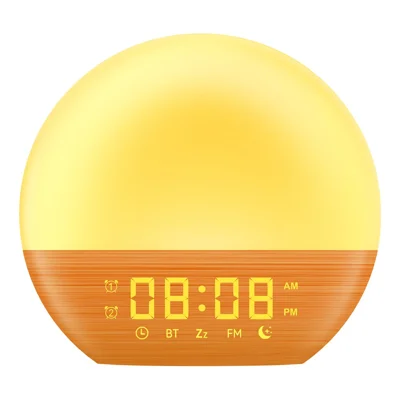 SH08A Wood Grain LED Night Light Alarm Clock Sunrise Colorful Ambient Lamp with White Noise Speaker / FM Radio - US Plug