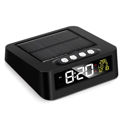 Horloge numérique LED à pile solaire GS-301 avec affichage de température, alarme et rappel de fatigue de conduite - Noir