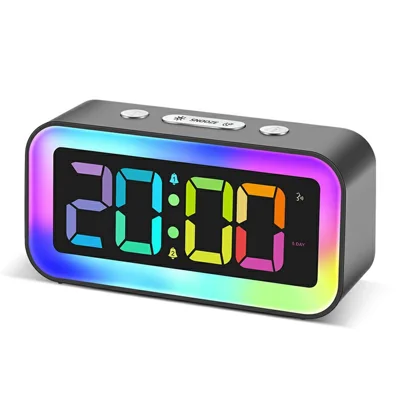 Réveil numérique LED GS202-2 avec affichage dynamique RGB, lumière nocturne, contrôle double de la luminosité, horloge de bureau - Gris