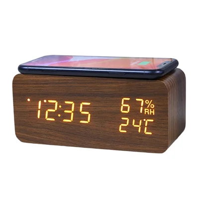 YC-9087 Wooden Digital LED Alarm Clock with Temperature Humidity Display Built-in Wireless Charging Pad (No Battery) - Brown Wood White Light