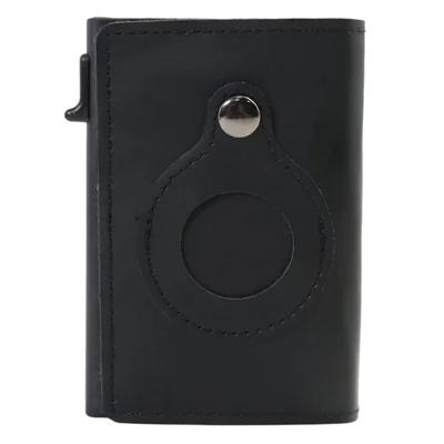 Bi-fold portemonnee met RFID-blokkering voor AirTag, echt koeienleer, aluminiumlegering, pop-up-kaarthouder - Zwart