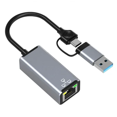 HC-72S 2 in 1 USB-C / USB-A auf RJ45 Ethernet-Adapter 100-Mbps-LAN-Netzwerkkonverter für Laptop, Telefon, Tablet – Grau