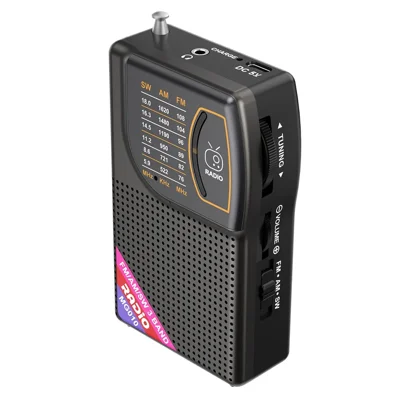 Mini Pocketradio voor Buiten, Oplaadbare Draagbare FM / AM / SW Radio met Luidspreker en Hoofdtelefoonaansluiting - Zwart