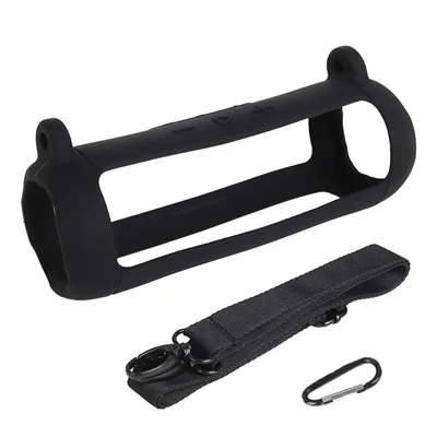 Soft Silicone Case for JBL Flip 7 Bluetooth-compatible Speaker Protective Cover with Shoulder Strap Carabiner - Black