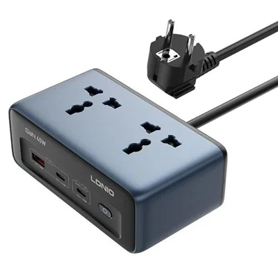 LDNIO SC1 5-in-1 GaN 45W Desktop Power Strip 2 AC Outlets 3 USB Ports USB-C PD Fast Charging Hub Station for Office Home - Blue  /  EU Plug