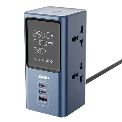 LDNIO SC2 7-in-1 Desktop Power Strip Station 4 AC Outlets 3 USB Ports 45W GaN USB Fast Charging Tower Socket for Office Home - Blue  /  EU Plug