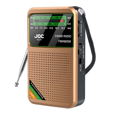 JOC TG-77 راديو نطاق كامل FM/AM/SW مكبر صوت 3 واط، راديو قابل لإعادة الشحن عبر منفذ Type-C، راديو محمول لكبار السن - ذهبي