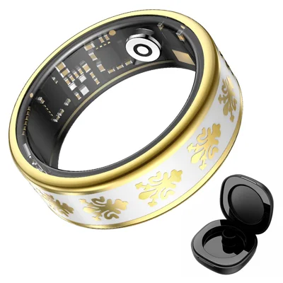 Anneau intelligent SY03 Suivi de la santé Émail Multi-fonction Tracker de forme physique avec étui de chargement - Cercle doré / Blanc 8