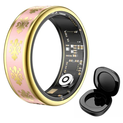 Anneau intelligent SY03, suivi de santé, émail, étanche IP68, moniteur de fréquence cardiaque, taux d'oxygène dans le sang, suivi du sommeil, avec boîtier de chargement - Cercle doré / Rose 7