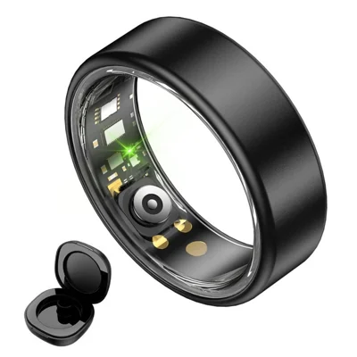 Anneau intelligent R88 suivi du sommeil, fréquence cardiaque, taux d'oxygène dans le sang, tracker de forme avec étui de chargement - Noir / Taille 7