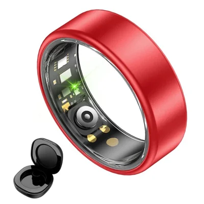 Bague intelligente R88 Suivi du sommeil, fréquence cardiaque, taux d'oxygène dans le sang, avec étui de chargement - Rouge / Taille 7