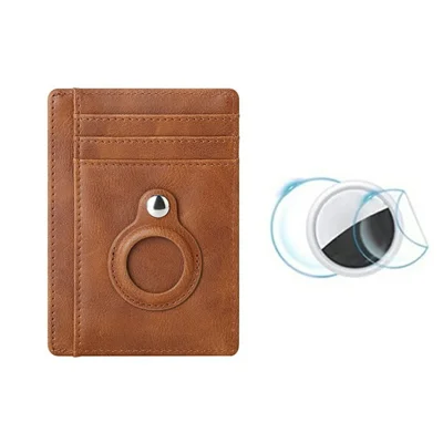 RFID Blocking Card Holder Wallet for AirTag Tracker PU Leather Protective Cover with Front and Back Protective Film - Brown