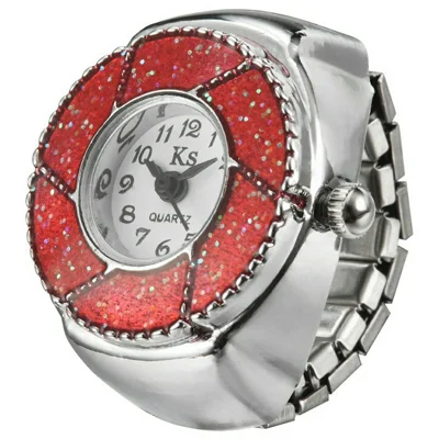 KS J-015 Retro Petal Design Mini Digital Pointer Ring Quartz Watch with Stretch Band for Men Women - Red