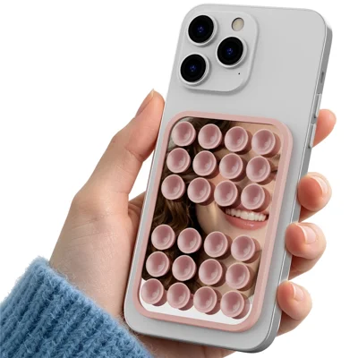 AHASTYLE WG206 Silicone Suction Cup Phone Mount Sticky Phone Grip Built-in Mirror for Selfie Makeup Video Calls - Pink