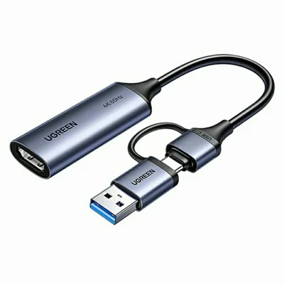 UGREEN UG307 95348 بطاقة التقاط فيديو عالية الدقة 4K / 60 هرتز USB-A / USB-C من سبائك الألومنيوم للبث المباشر - رمادي
