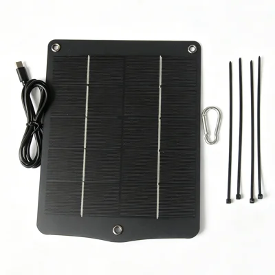 Pannello di Ricarica Solare 6W 5V con Porta Type-C, Efficienza di Conversione del 21%, con Laminazione PET e Celle al Silicio Monocristallino per Sistema di Sorveglianza - Nero