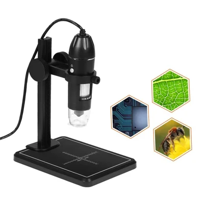 Microscopio digital de 1/6,5 pulgadas con sensor CMOS a color, luz LED 8, USB 2.0, microscopio portátil con soporte universal - Negro