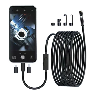 W400 1m 3-in-1 Endoskop-Kamera 8mm Dual-Objektiv 1080P IP67 wasserdicht 8 LEDs, 2-10cm Fokus für iOS, Android und Type-C - Schwarz