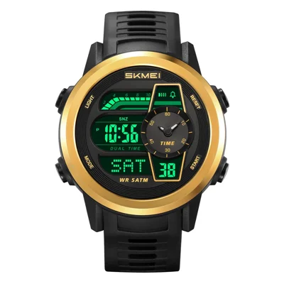 SKMEI 2726 Dual Movements Men Sports Watch 50m Waterproof 3 Time Zones Backlight Watch - Gold