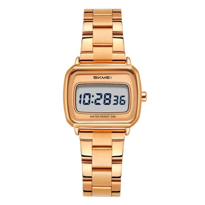 SKMEI 2598 Digital Watch 30m Waterproof Stopwatch Countdown Aluminum Alloy Case Wristwatch for Outdoor Sports - Rose Gold / Steel Strap