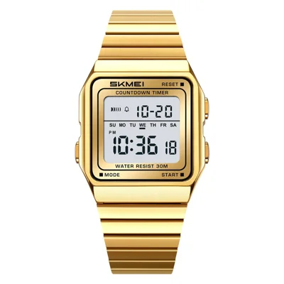 SKMEI 2648 Retro Square Digital Watch 30m Waterproof Stopwatch Stainless Steel Strap Wristwatch - Gold