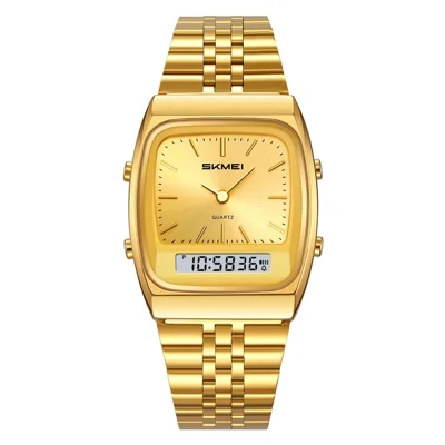 SKMEI 2585 Digital Watch Square Dial 30m Water Resistant Dual Time Stopwatch Stainless Steel Strap Wristwatch for Outdoor Sports - Gold