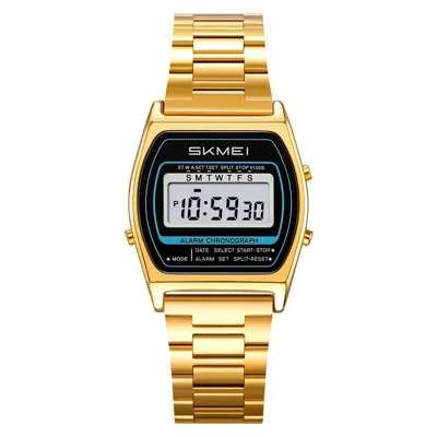 SKMEI 2590 Square Digital Watch 30m Waterproof Zinc Alloy Case Stainless Steel Strap Wristwatch for Outdoor Sports - Gold