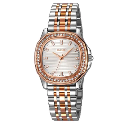 SKMEI 9439 Women's Quartz Watch Luxury Rhinestone Square Dial 30M Waterproof Zinc Alloy Case Solid Stainless Steel Band - Rose Gold Splicing Case+Silver Dial
