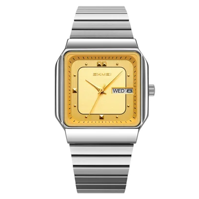 SKMEI 9414 Men Quartz Watch Square Dial Calendar 30M Water Resistant Stainless Steel Strap for Business Commute - Gold