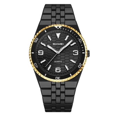 SKMEI 2748 Quartz Watch Rotating Bezel 30m Waterproof Honeycomb Dial Wristwatch - Gold Ring / Black Dial