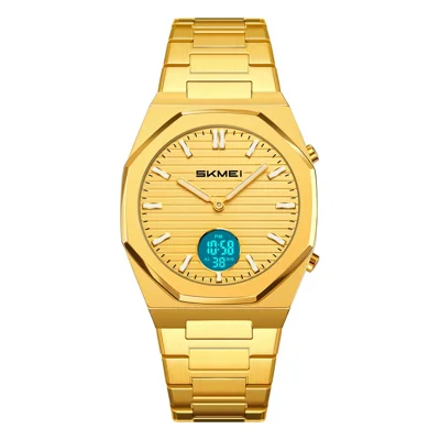 SKMEI 2703 Dual Display Watch Stainless Steel Strap 30m Water Resistant EL Backlight Alarm Stopwatch Quartz Wristwatch - Gold Case / Gold Dial