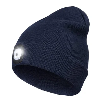 Unisex Outdoor USB Rechargeable 4 LED Warm Cap Winter Knitted Beanie Hat for Hiking Fishing Cycling - Navy Blue