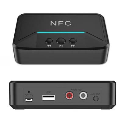Récepteur Bluetooth 5.0 avec NFC BT200, Récepteur A2DP AUX 3,5 mm RCA USB, Adaptateur Audio Stéréo sans Fil avec Lecture Intelligente pour Kit Main Libre et Haut-parleurs