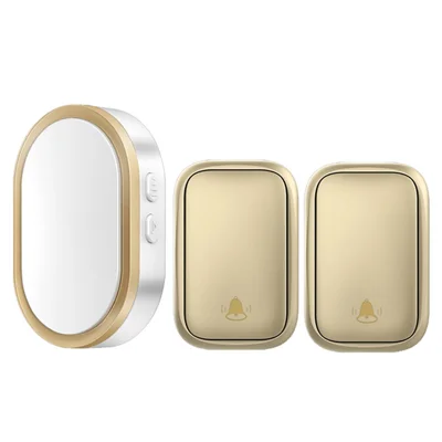CACAZI FA99 Kit de timbre inalámbrico, timbre para puerta de casa con 36 melodías de alarma, 4 niveles de volumen ajustables (enchufe UE), 1 receptor y 2 transmisores - Dorado