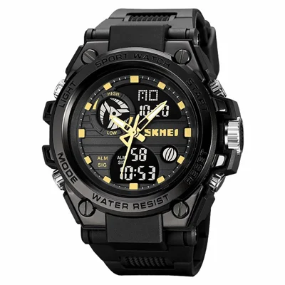 SKMEI 2031 50m Waterproof Dual-Time Men's Watch Multifunction 12H / 24H Format Sports Watch with Leather Strap - Black / Gold