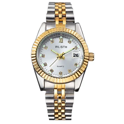 WLISTH Q354 Calendar Display Luminous Couple Quartz Watch with Steel Strap - Gold Splicing Strap+White Dial / Men