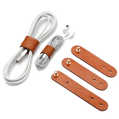 SOYAN 3PCS/Lotto PU Pelle Cavo Cavo Filo Auricolare Bobina Organizzatore - Marrone Chiaro