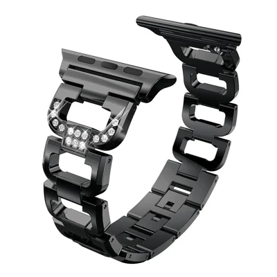 For Apple Watch Ultra 4 3 2 1 49mm / Series 12 11 10 46mm / 9 8 7 45mm / SE3 SE2 SE 6 5 4 44mm / 3 2 1 42mm Rhinestone Decor Watch Strap D Shaped Stainless Steel Watch Band - Black