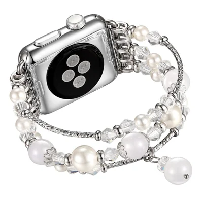 Agate Beads Pearl Watch Bracelet Band for Apple Watch Ultra 4 3 2 1 49mm / Series 12 11 10 46mm / 9 8 7 45mm / SE3 SE2 SE 6 5 4 44mm / 3 2 1 42mm - White
