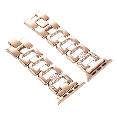 D-Shape Rhinestone Decor Stainless Steel Watch Band for Apple Watch Series 12 11 10 42mm / 9 8 7 41mm / SE3 SE2 SE 6 5 4 40mm / 3 2 1 38mm - Rose Gold