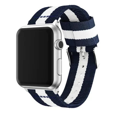 Metal Buckle Woven Nylon Wirstband Strap for Apple Watch Ultra 4 3 2 1 49mm / Series 12 11 10 46mm / 9 8 7 45mm / SE3 SE2 SE 6 5 4 44mm / 3 2 1 42mm - Blue / White