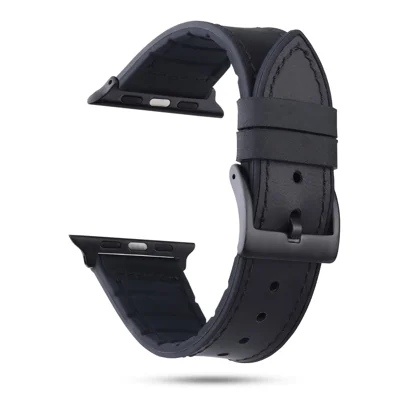 Genuine Leather + Silicone Wrist Watch Strap Replacement for Apple Watch Ultra 4 3 2 1 49mm / Series 12 11 10 46mm  / 9 8 7 45mm / SE3 SE2 SE 6 5 4 44mm / 3 2 1 42mm - Black