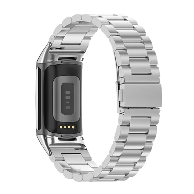 3 Beads Stainless Steel Smart Watch Strap Metal Wristband Replacement for Fitbit Charge 6 / 5 - Silver