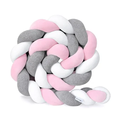 200cm Length Baby Bed Bumper Weaving Plush Baby Crib Protector - Grey/White/Pink