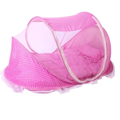 Baby Portable Folding Mosquito Net with Cotton-padded Mattress and Pillow - Pink