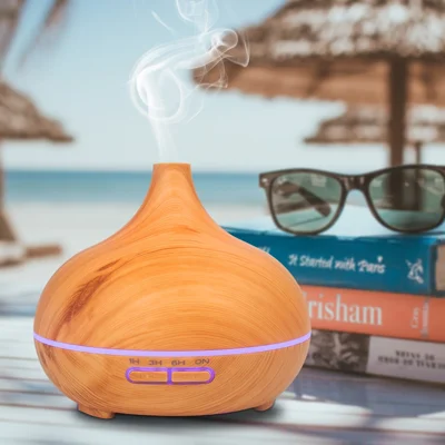 7-Color LED Light Essential Oil Mist Diffuser 300ml Wood Grain Aromatherapy Air Humidifier - Brown / EU Plug