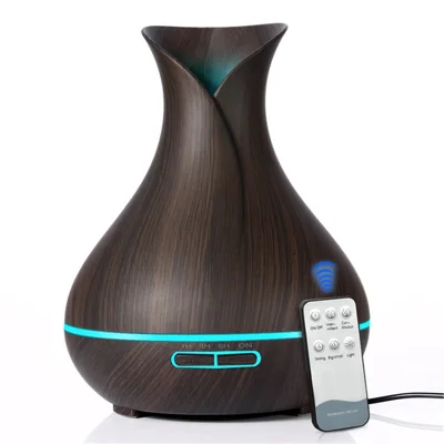 550ML Wood Grain Air Humidifier Vase Shape Mute Aroma Essential Oil Diffuser with Remote Control - Black / EU Plug