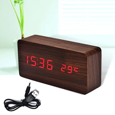 Voice Control Creative Wooden LED Alarm Clock with Temperature Display Table Clock - Coffee / Red LED Numbers