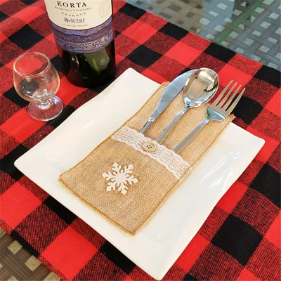 Christmas Burlap Lace Utensil Holder Silverware Cutlery Pouch Knife Fork Bag - Snowflake